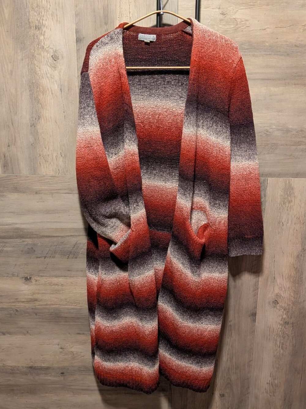 Joseph A. Red and Gray Ombre Striped Open Front Long Sweater Duster BOHO, XL